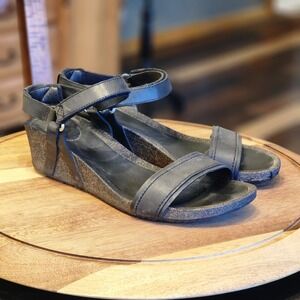 Teva Sandals Black Leather Hook & Loop Strappy Cork Wedge Slingback womens  10